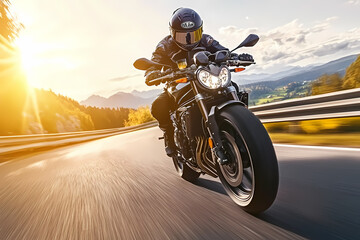 A motorcyclist races along winding roads, showcasing agility and speed as they navigate the sharp turns and scenic landscape. The powerful motorcycle leans into the curves, exuding a sense of freedom 