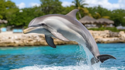 Obraz premium A dolphin leaps out of the water with a splash, against a background of a tropical beach.