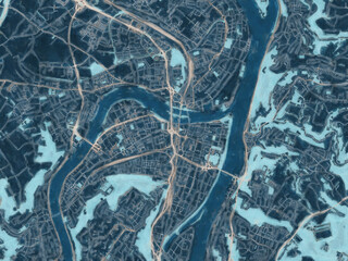 Painterly Style City Map of Koblenz, Germany in a Blue Color Scheme.