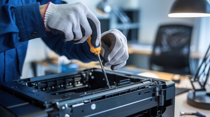 Technician repairing a printer with a screwdriver in a modern office.