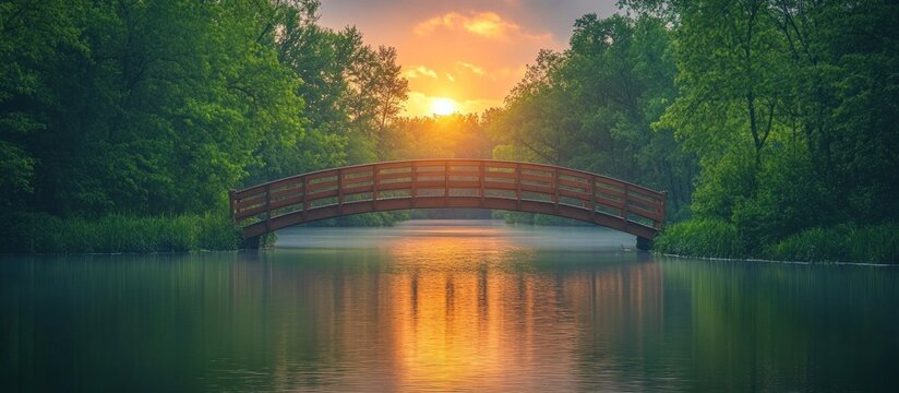 A wooden bridge over a still lake with trees on both sides. The sun is setting in the background, casting a warm glow over the scene.