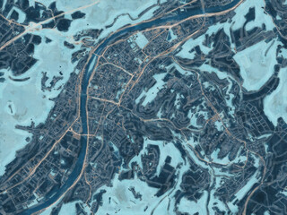 Painterly Style City Map of Trier, Germany in a Blue Color Scheme.