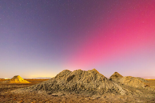 The Aurora Borealis over the Salton Sea Mudpots in Calipatria, California
