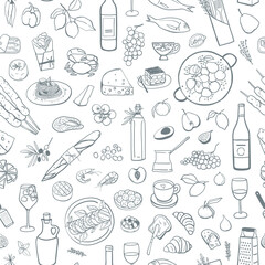 Hand drawn mediterranean food seamless pattern