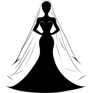 recommend clip art: Silhouette of a bride in wedding gown with veil, Elegant black-and-white silhouette of a bride wearing a flowing wedding gown and veil, highlighting grace and beauty, isolated on a white background.
                    
                    