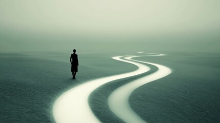 A solitary figure walks along a glowing path in a surreal, misty landscape, AI