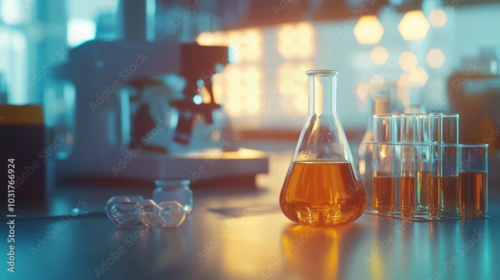 Poster A Single Erlenmeyer Flask and Test Tubes Filled with Amber Liquid in a Lab Setting