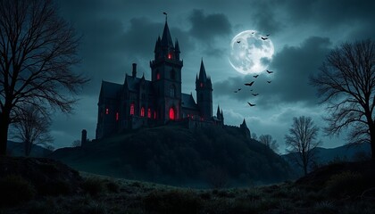 Haunted castle on a hill under a full moon with bats, creating a spooky Halloween atmosphere