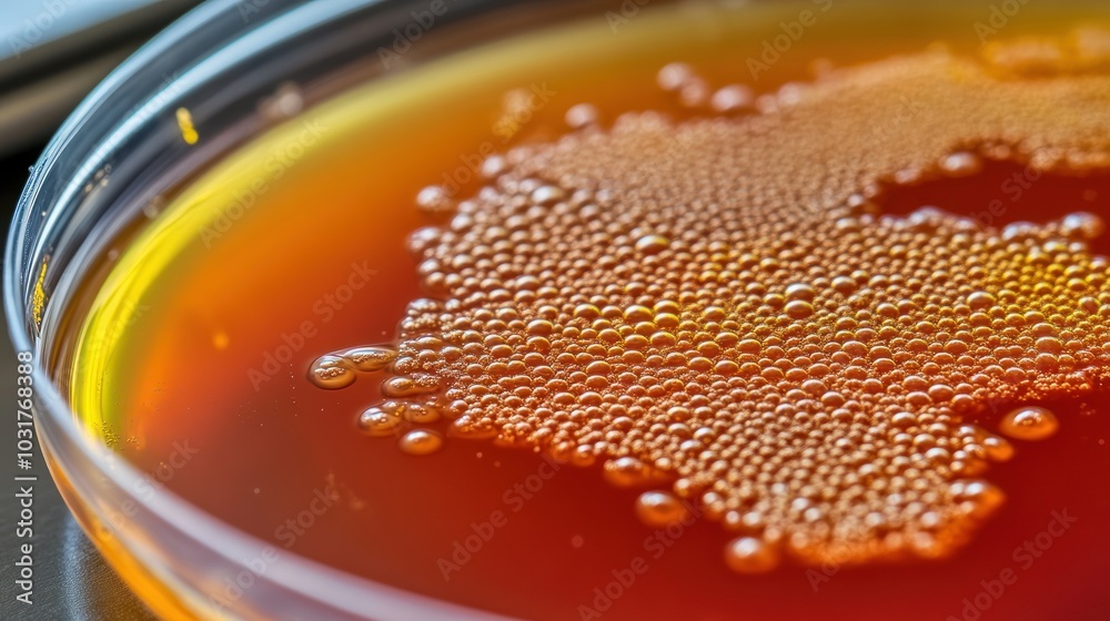Poster close-up of a petri dish with a red liquid and a cluster of bubbles.