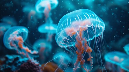 Lot of bioluminescent jellyfish floating gracefully in ocean, illuminating water with their vibrant colors, jellyfish showcasing mesmerizing beauty of marine life