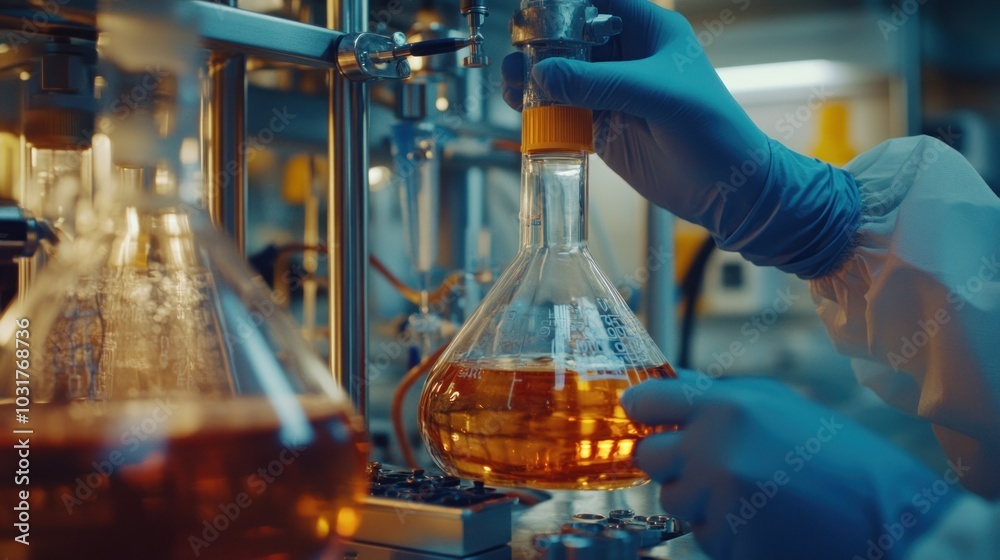 Aufkleber Closeup of a gloved hand holding a flask filled with orange liquid in a lab setting.