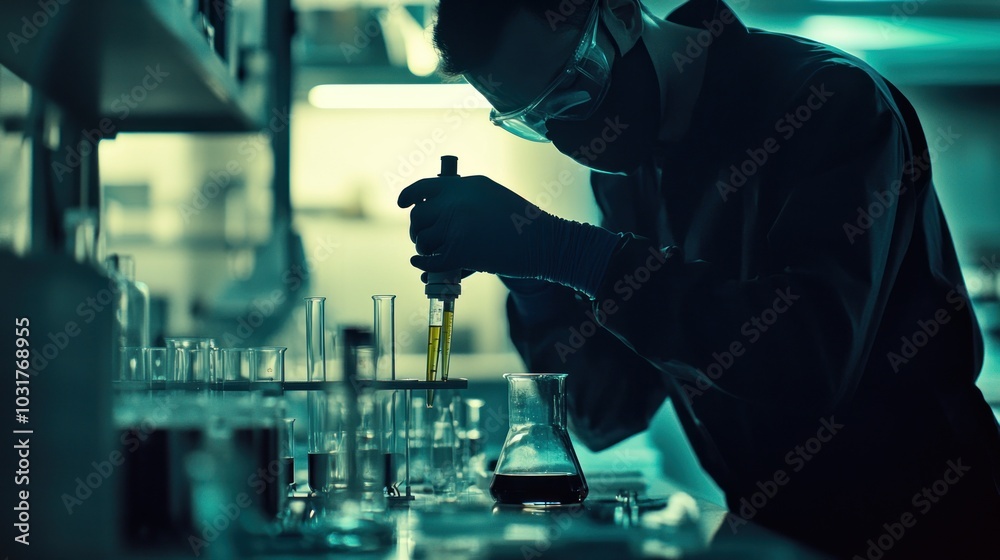 Poster A Scientist in a Lab Coat and Gloves Using a Pipette