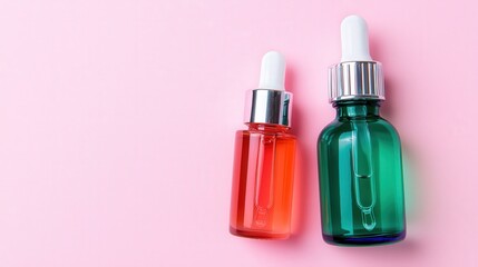 Skincare Bottles with Droppers on Pink Background  Beauty Products  Serum  Essential Oils