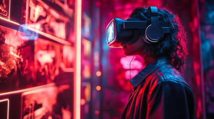 Young Woman Immersed in Virtual Artwork