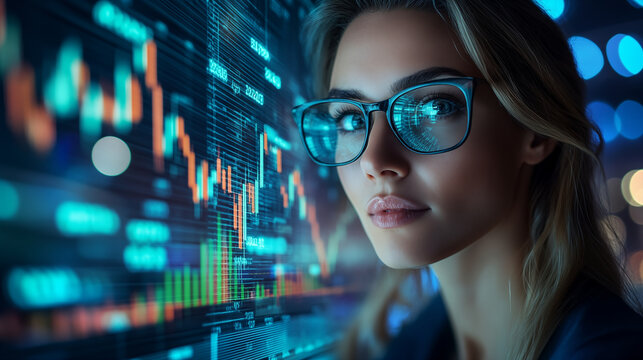 A portrait image of an elegant woman with eyeglasses , background is  a stock trading graph and set index of stock market and investment.