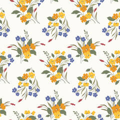 Seamless floral pattern, liberty ditsy print, abstract ornament in fall rustic motif. Elegant botanical design of hand drawn wild plants, small yellow flowers, falling leaves. Vector illustration. © Yulya i Kot