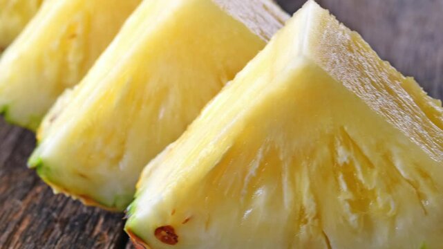 Sliced pineapple on wooden board, tropical fruit.