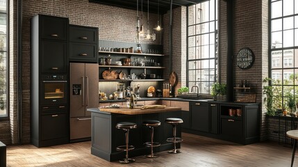 Modern Industrial Kitchen with Black Cabinets and a Brick Wall