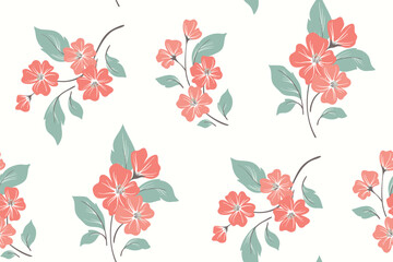 Seamless floral pattern, abstract flower ornament of hand drawn decorative art plants. Botanical design, fabric textile print: red flowers, branches, large green leaves on white. Vector illustration.