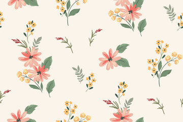 Seamless floral pattern, delicate ditsy print, abstract flower ornament in light pastel colors. Cute botanical design: small hand drawn pink flowers, tiny leaves, bouquets. Vector illustration.