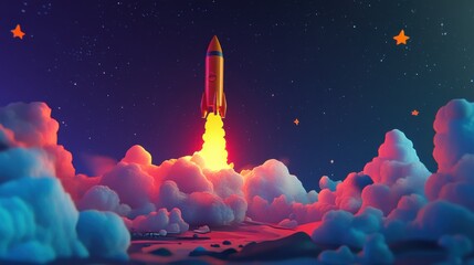 Naklejka premium Vibrant 3D Rocket Launching into Space with Fiery Thrust