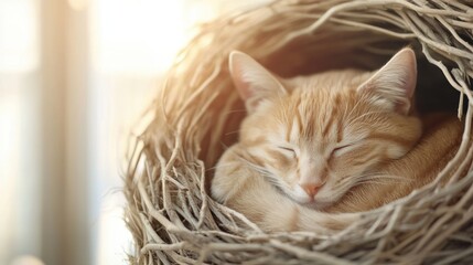 Cozy ginger cat peacefully napping in a woven basket under warm sunlight, AI