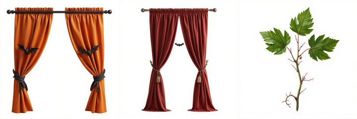 The image features stylish curtains in various colors and a decorative leaf branch, perfect for home decor enhancement.