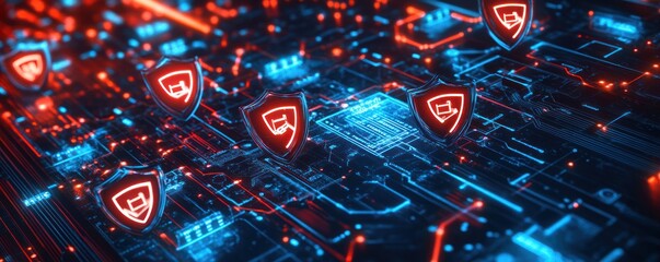 Fototapeta premium Futuristic Cybersecurity Visualization with Glowing Digital Icons and Circuit Board