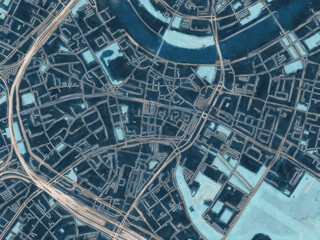 Painterly Style City Map of Dresden Zentrum, Germany in a Blue Color Scheme.