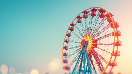 A colorful ferris wheel against a bright sky, evoking a sense of fun and nostalgia typical of amusement parks and joyful experiences.