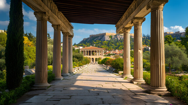 The Acropolis framed by the columns of the Stoa of Attalos in the Ancient Agora offering a layered view of Athenian history.