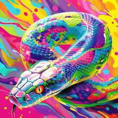 Psychedelic rainbow-colored snake coiled on a colorful abstract background.