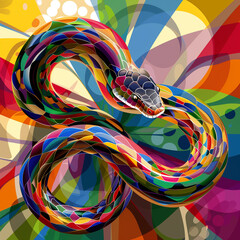 Bright rainbow-colored coiled snake on an abstract colorful geometric background.