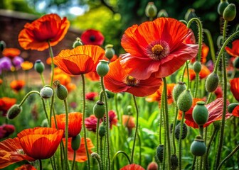 Vibrant Poppy Pattern in a Manicured Garden - Macro Photography of Red Flowers and Green Foliage