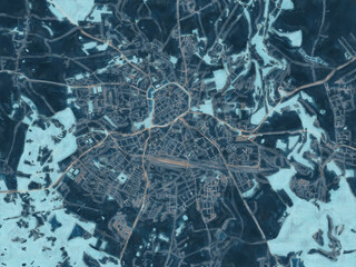 Painterly Style City Map of Freiberg, Germany in a Blue Color Scheme.