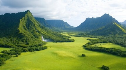 Lush green valleys surrounded by majestic mountains under a bright sky, showcasing stunning natural beauty and tranquility.