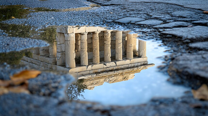 The Acropolis reflected in a puddle after a rainstorm creating a mirror image of the ancient ruins.