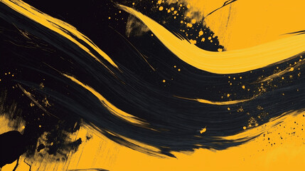 A dynamic abstract black and yellow background with brush strokes. AI generation.