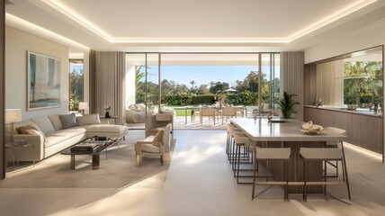 Elegant open-plan room with stunning garden and patio views through expansive folding doors.