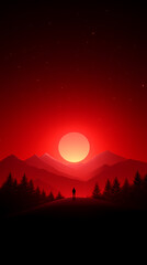 Obraz premium Amazingly captivating sunset over mountains with silhouette of a lone walker in a striking red sky