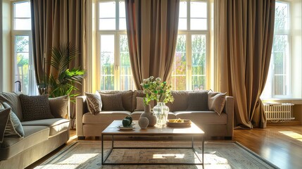 Fototapeta premium A modern living room interior with a plush couch, a coffee table, and large windows that let in plenty of natural light.