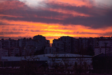 sunset, sky, clouds, city, sun, silhouette, sunrise, evening, orange, cloud, dusk, night, nature, building, skyline, urban, red, landscape, blue, light, dark, buildings, cityscape, architecture, dawn