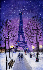 Watercolor painting with Paris Eiffel Tower. Evening Eiffel Tower view with pair walking through a park.