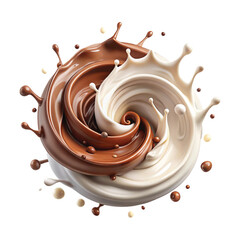 Realistic Milk and chocolate splash swirls and flow. Melted brown choco and milky waves with drops png background
