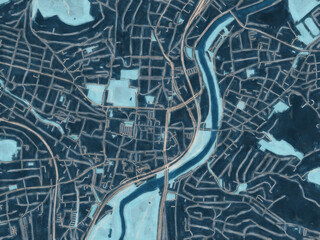 Painterly Style City Map of Jena Zentrum, Germany in a Blue Color Scheme.