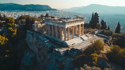 The majestic Temple of Athena Nike perched on the edge of the Acropolis overlooking the Athenian landscape.