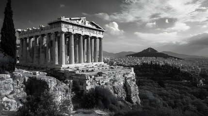 Obraz premium The majestic Temple of Athena Nike perched on the edge of the Acropolis overlooking the Athenian landscape.