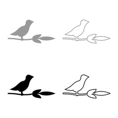 Bird on branch with leaves silhouette spring concept set icon grey black color vector illustration image solid fill outline contour line thin flat style