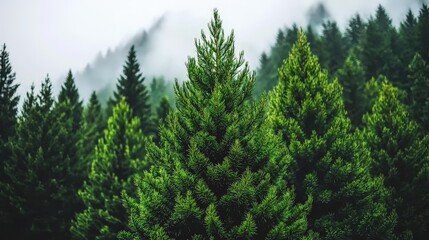 Lush Evergreen Forest in Misty Mountains   Nature Background
