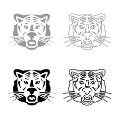 Tiger head set icon grey black color vector illustration image solid fill outline contour line thin flat style